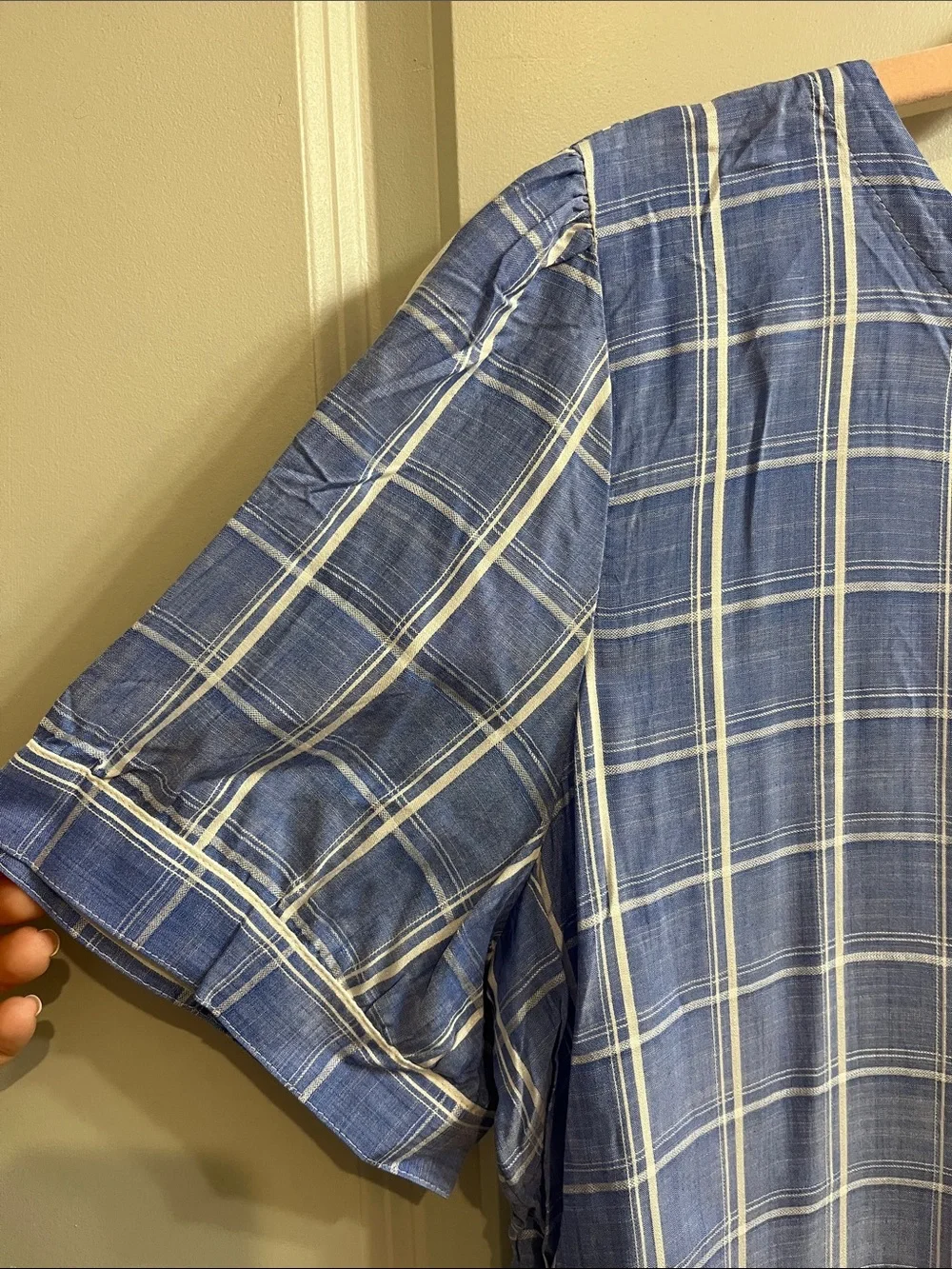 LOFT Blue Plaid Short Sleeve Shirt with Buttons Up the Back